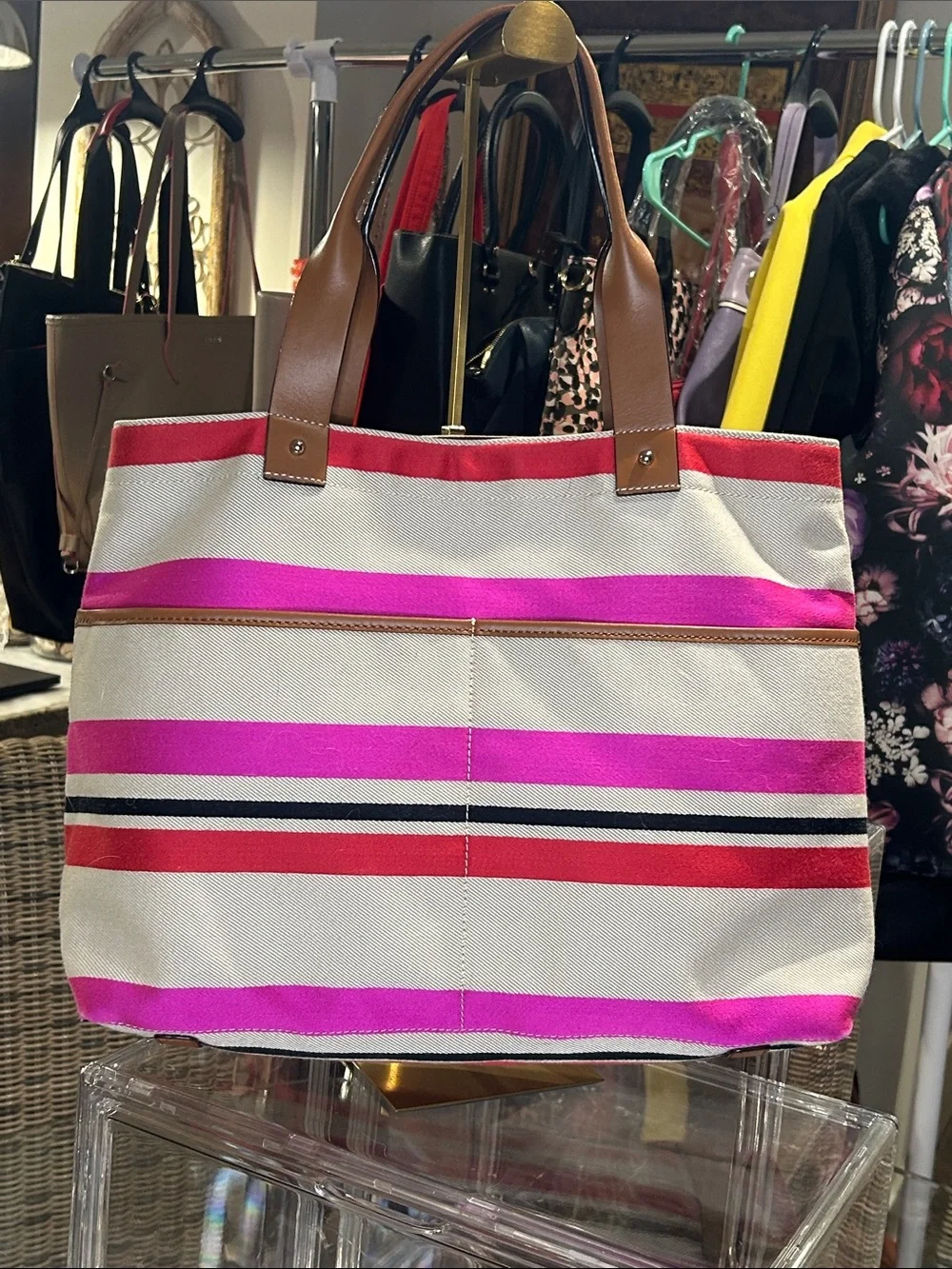 Kate Spade Storybook Oak Island Striped Canvas & Leather Tote 15”x 5”x 11.5” EUC